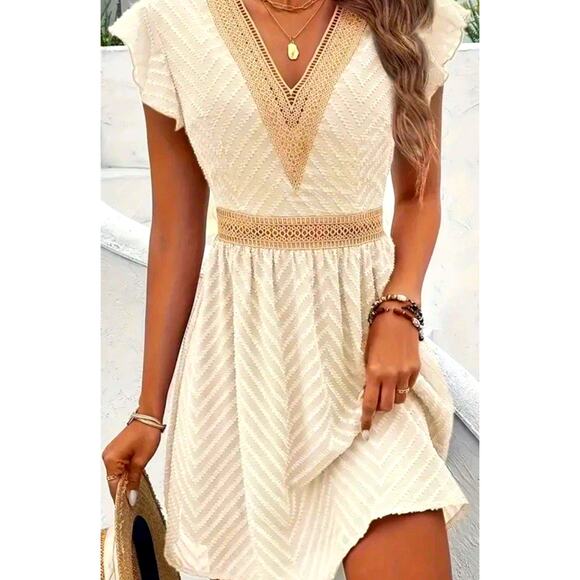 Boho Cream Midi Dress Crochet Trim V Neck Defined Waist Romantic Party Ruffles L - Picture 1 of 11